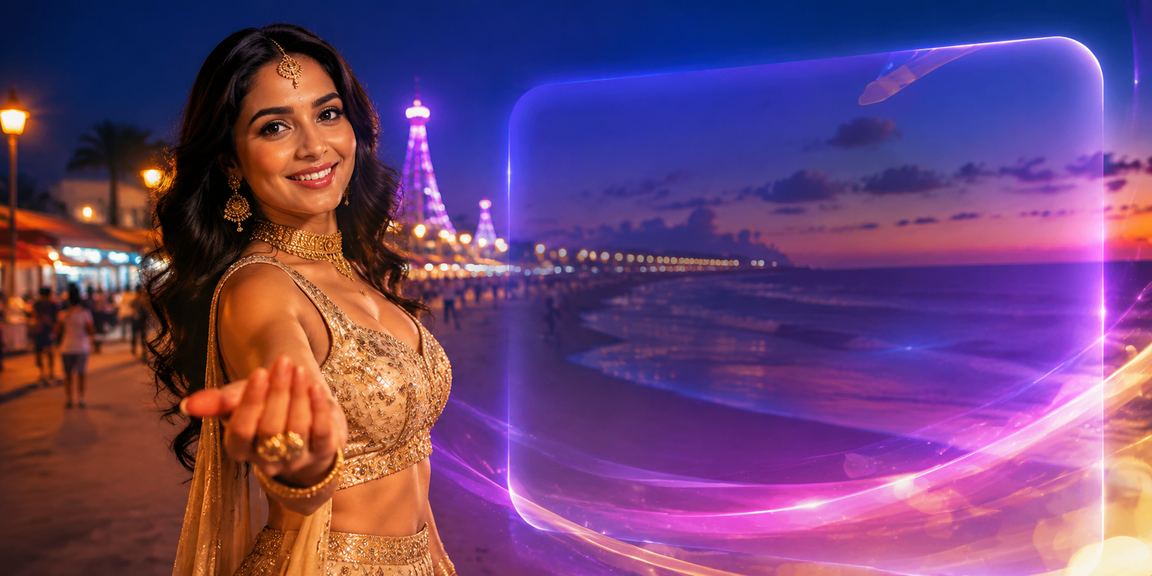 Indian woman enjoying mobile casino games at Marina Beach, Chennai