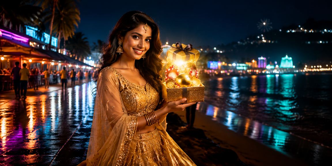 Goa beach festive scene with traditional lehenga and online gaming devices