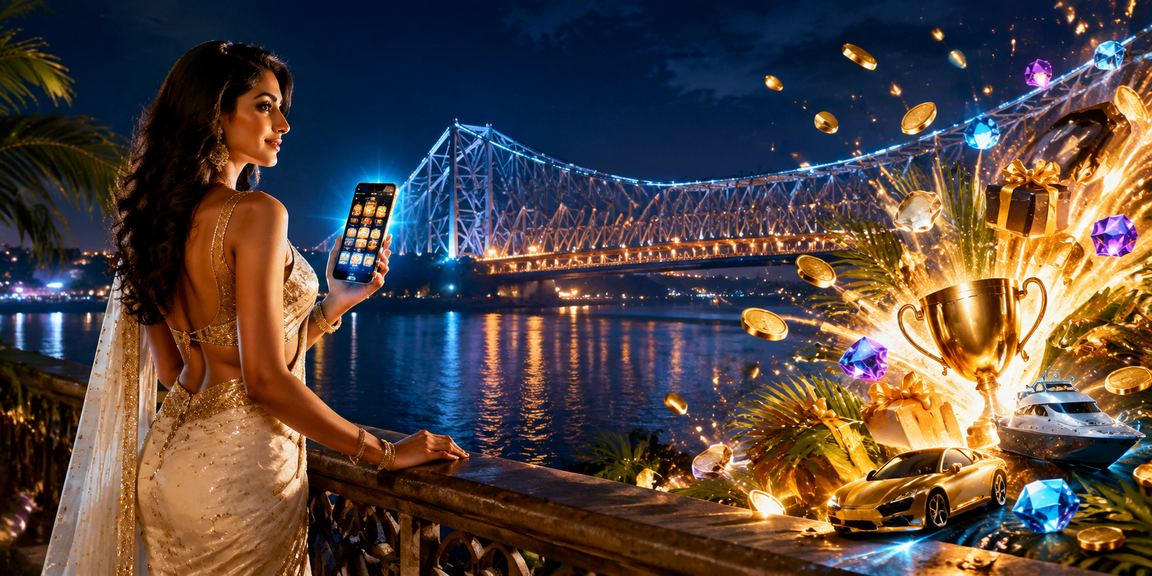 View of Kolkata's Howrah Bridge with casino app on mobile device